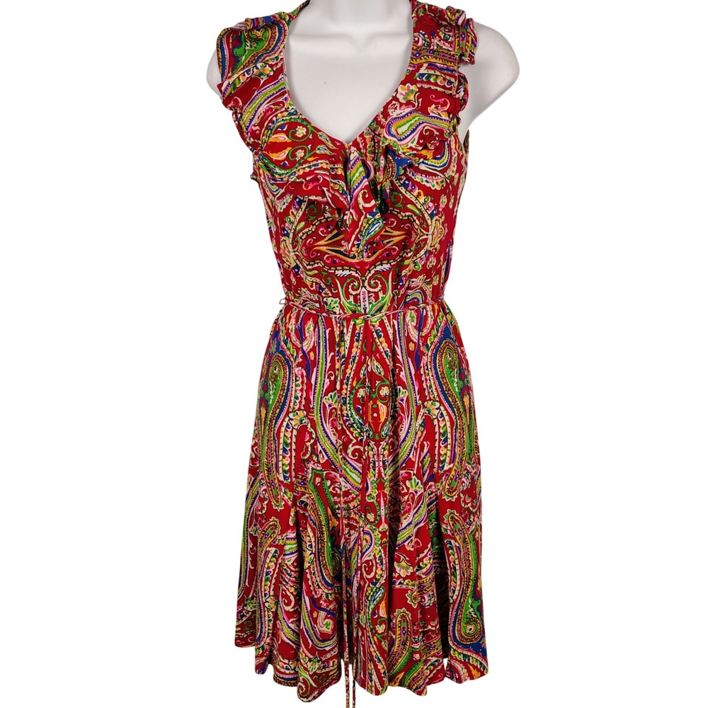 Lauren Ralph Lauren PXS Paisley Ruffle Cotton Dress Red Multicolor boho happy